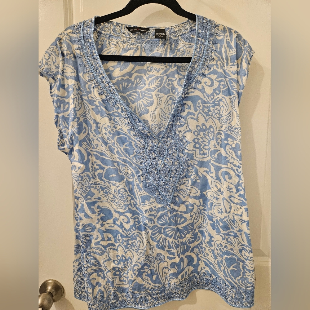 New York & Company blue and white tunic top size large